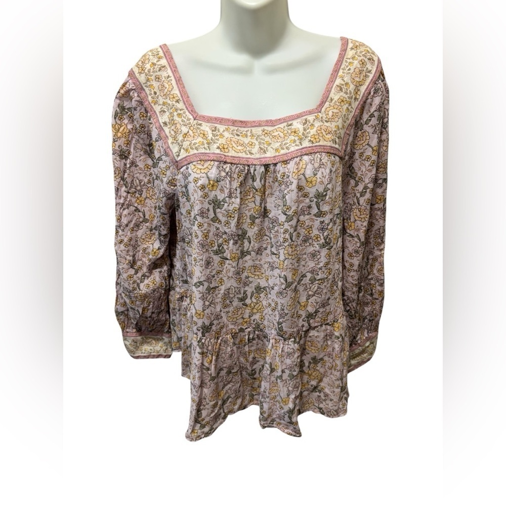 American Eagle Peasant Cottagecore Floral Blouse Tunic Top Sz S Pink Peplum AEO